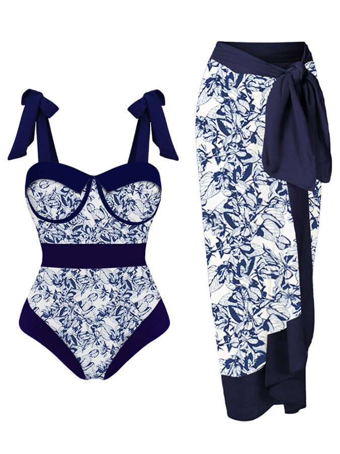Vintage Colorblock Print Swimsuit Set