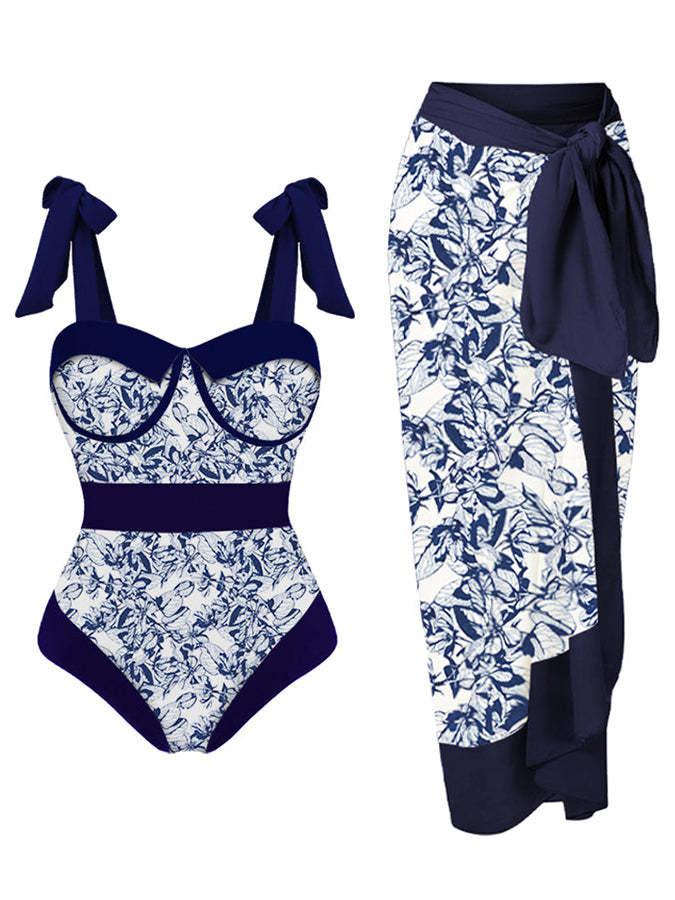 Vintage Colorblock Print Swimsuit Set
