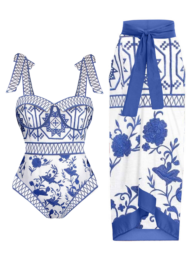 Vintage Colorblock Print Swimsuit and Cover-up