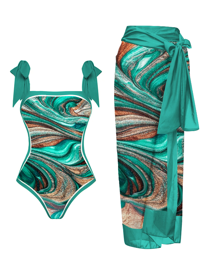 Color Block Print One Piece Swimsuit And Cover Up