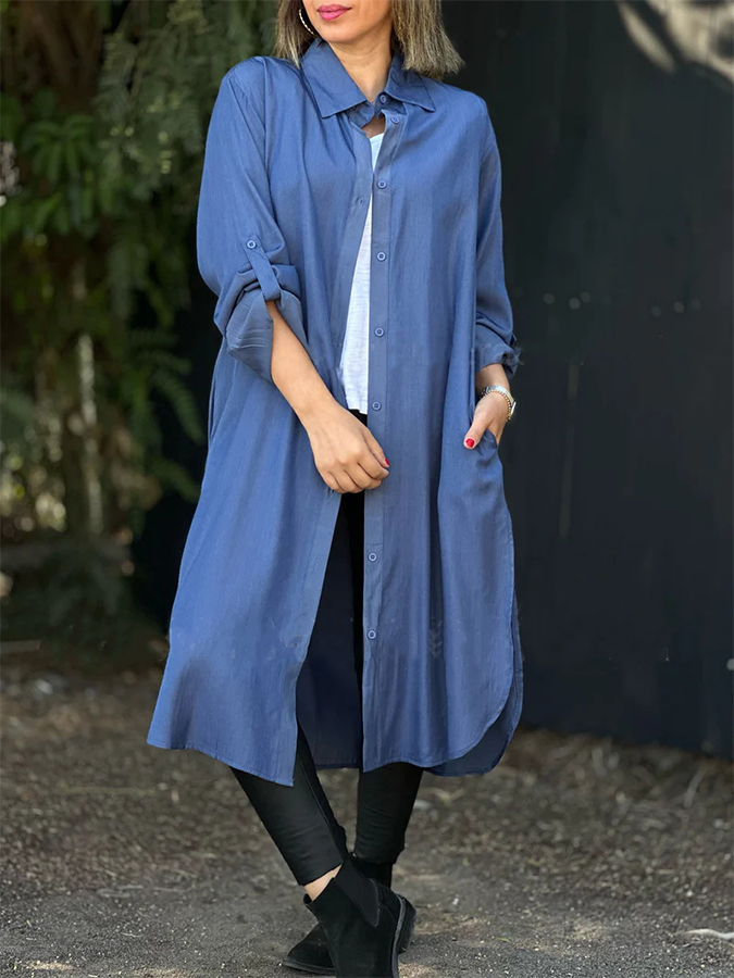 Long Sleeves Solid Buttoned Casual Long Shirt Coats