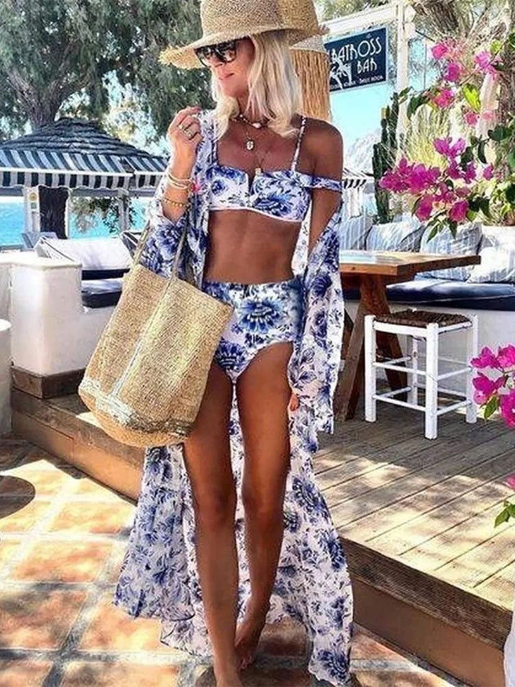 Three-Piece Printed Swimsuit and Cover-Up