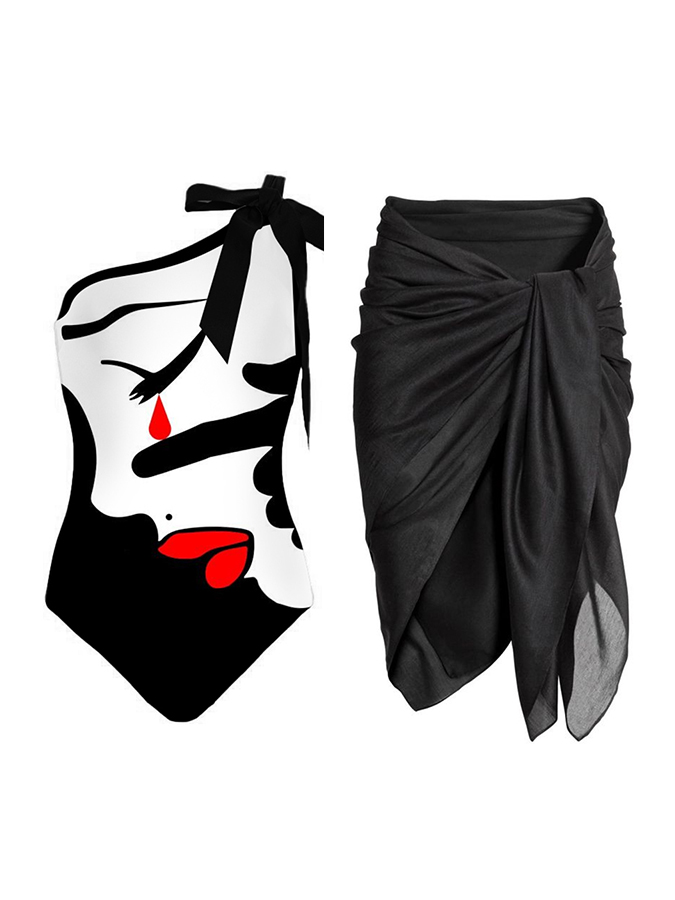 One-Shoulder Colorblock Abstract Print One-Piece Swimsuit