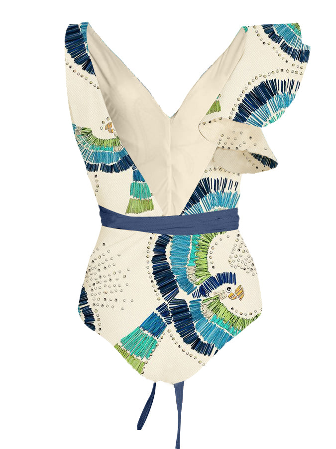 V-Neck Ruffled Vintage Embroidered Print Swimsuit