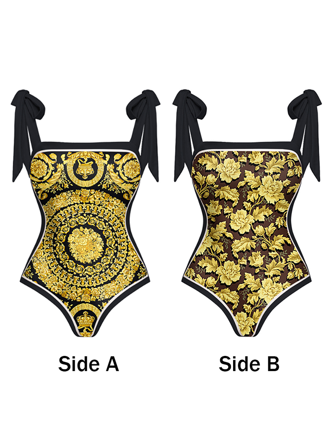 Reversible Bowknot Tie-shoulder One Piece Swimsuit and Sarong