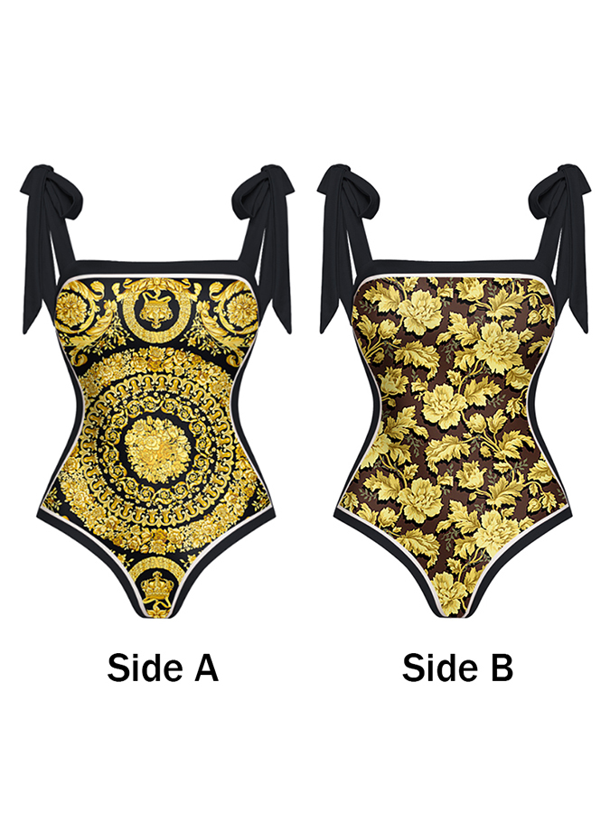 Reversible Bowknot Tie-shoulder One Piece Swimsuit and Sarong