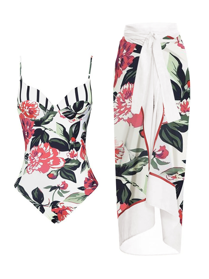 Floral Stripe Print Patchwork OnePiece Swimsuit And Cover Up