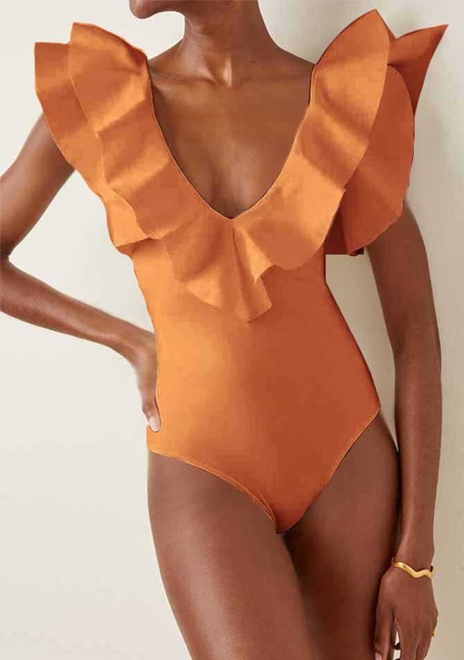 V-Neck Ruffled Solid Color One-Piece Swimsuit
