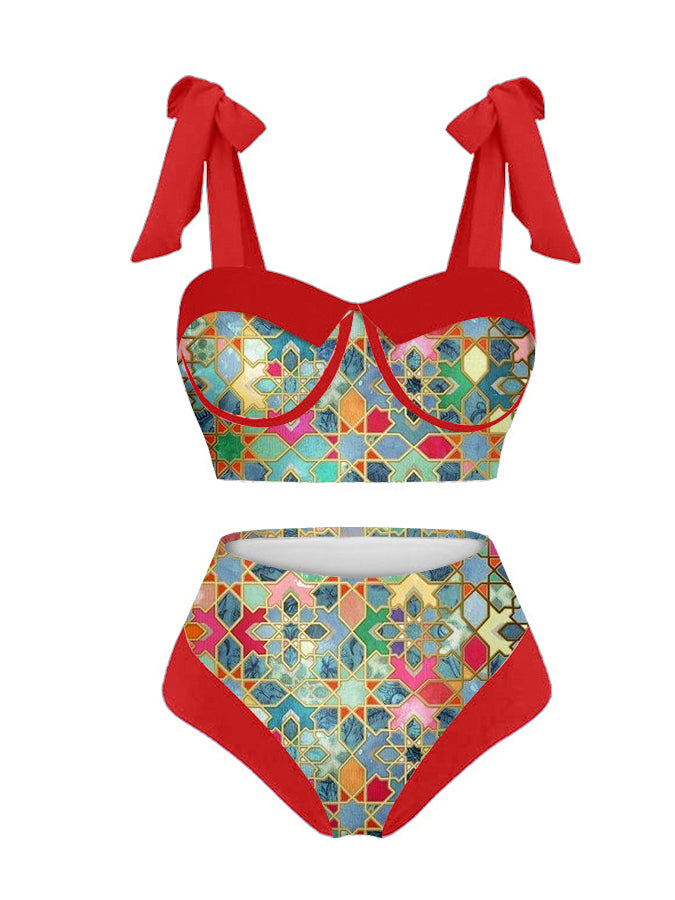 Vintage Colorblock Ethnic Print Swimsuit Set
