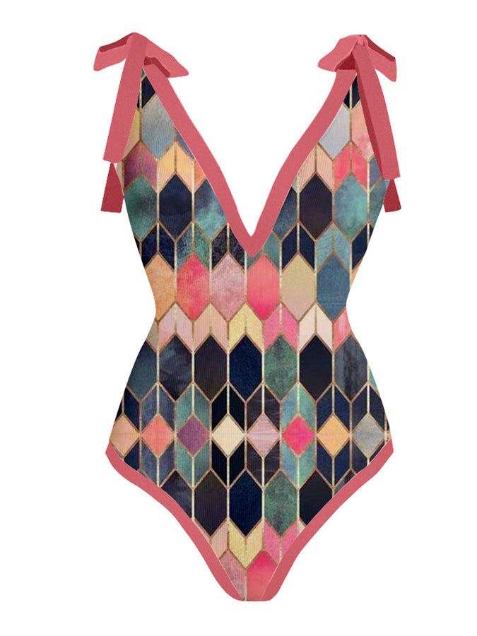 Fashion V-Neck Colorblock Print One-Piece Swimsuit Set