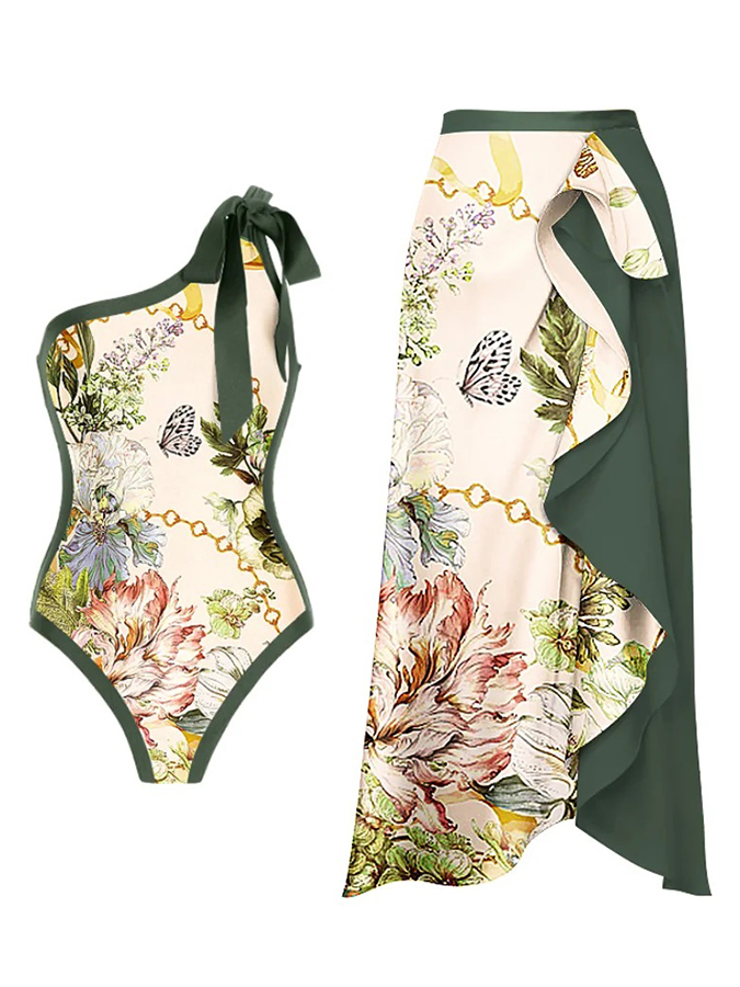 One Shoulder Floral Print One Piece Swimsuit and Skirt
