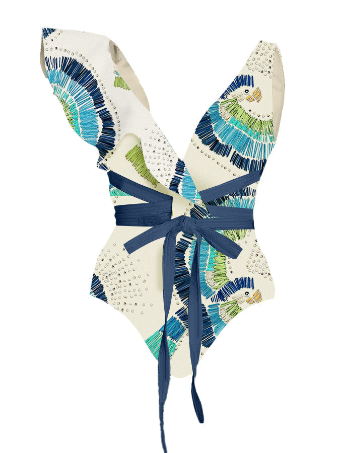 V-Neck Ruffled Vintage Embroidered Print Swimsuit Set