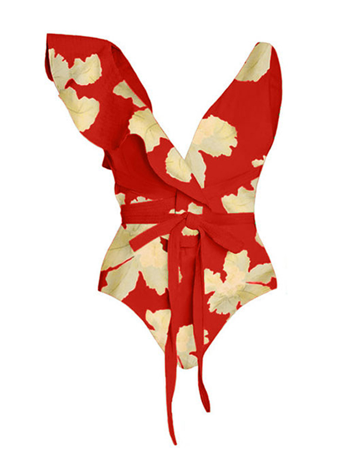 Deep V Ruffled Floral Print Swimsuit Set