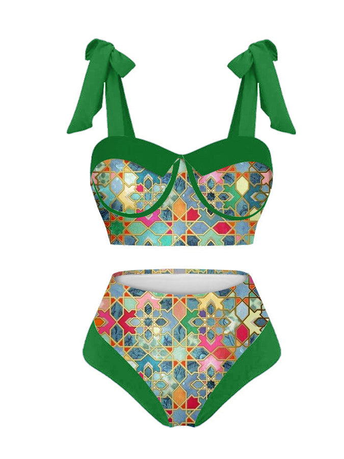 Vintage Colorblock Ethnic Print Swimsuit Set
