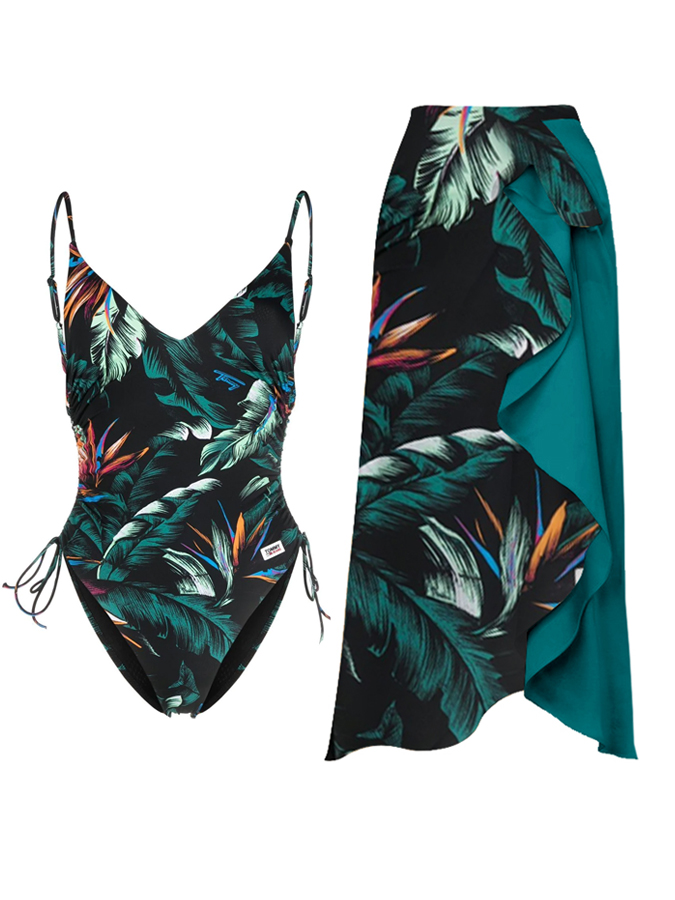 Vintage Floral Print Drawstring One-Piece Swimsuit And Cover Up