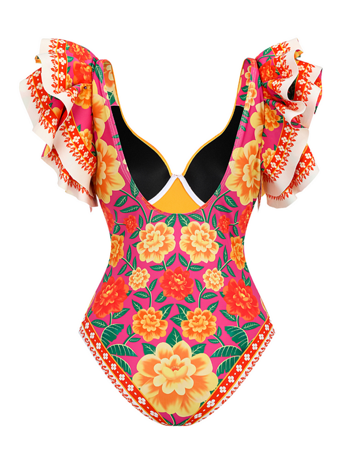 Vintage Ruffled Floral Print Swimsuit