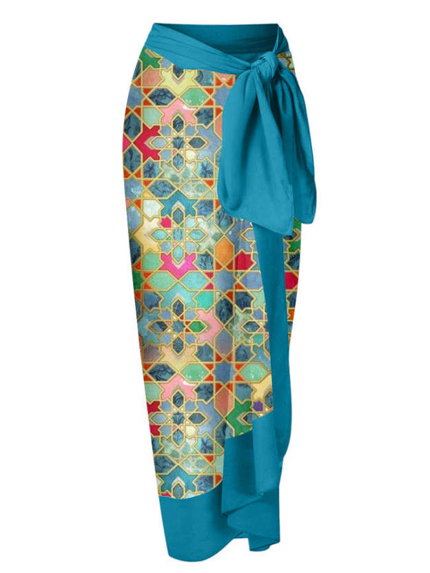 Vintage Colorblock Ethnic Print Swimsuit Set