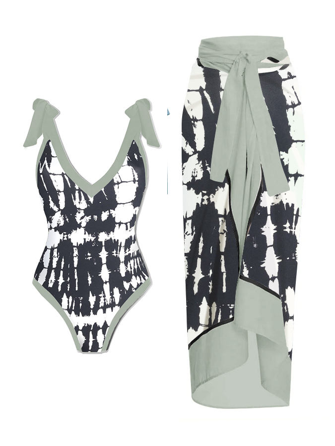 Ink Print One Piece Swimsuit And Cover Up