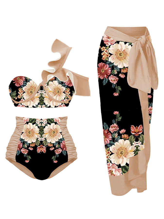 Vintage Colorblock Floral Print Bikini and Cover Up