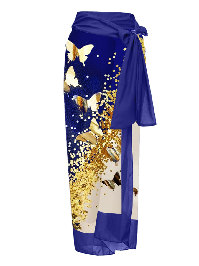 V-Neck Colorblock Butterfly Print One-Piece Swimsuit Set