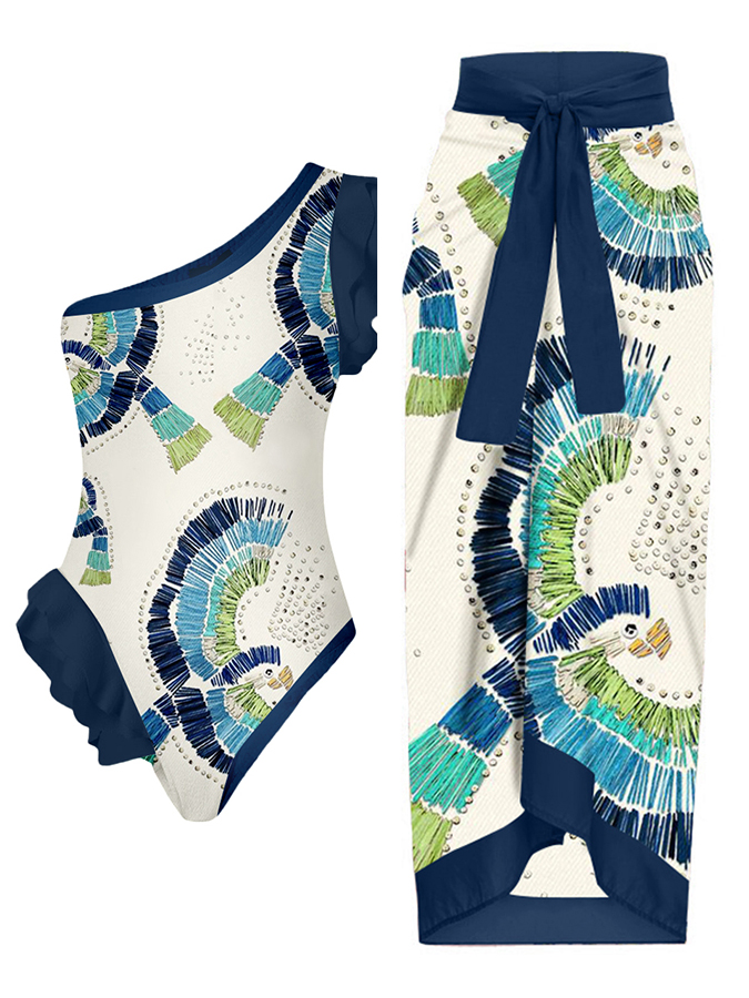 One-Shoulder Ruffle Print One-Piece Swimsuit Set