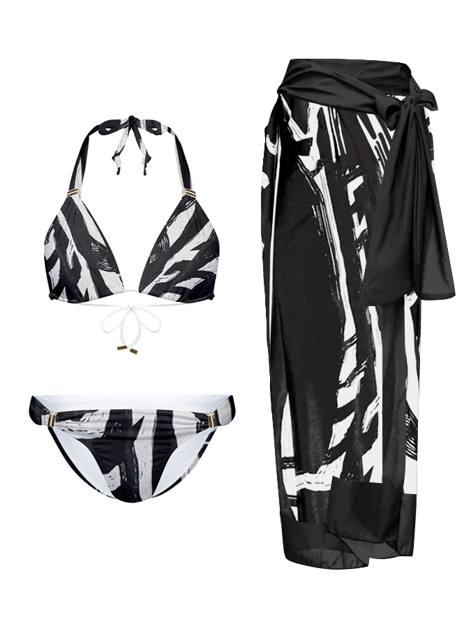 Black & White Graffiti Print Halter Bikini and Cover Up