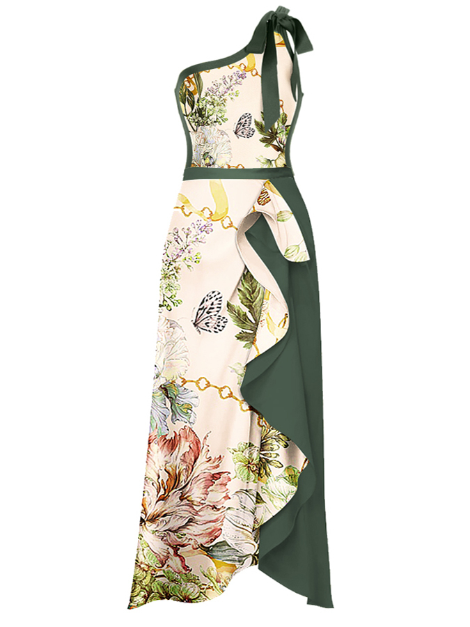 One Shoulder Floral Print One Piece Swimsuit and Skirt