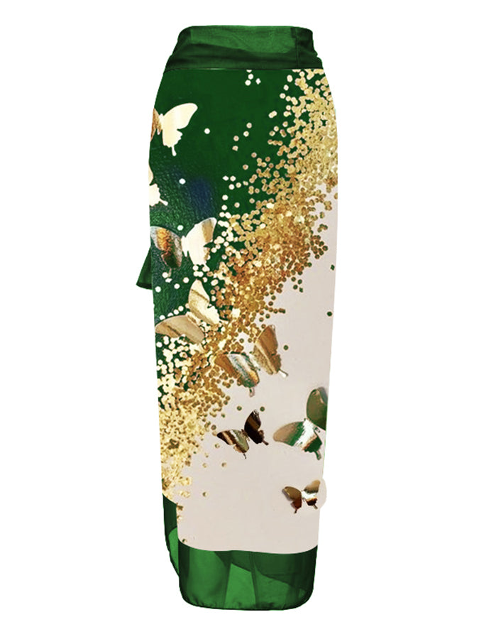 V-Neck Colorblock Butterfly Print One-Piece Swimsuit Set