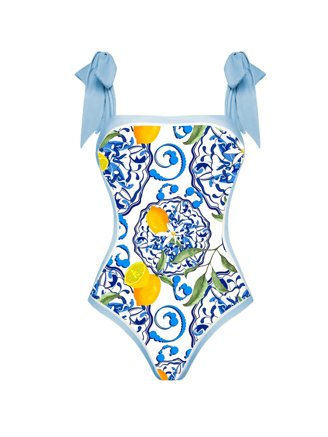 Lemon Fruit Mediterranean Print One Piece And Cover Up