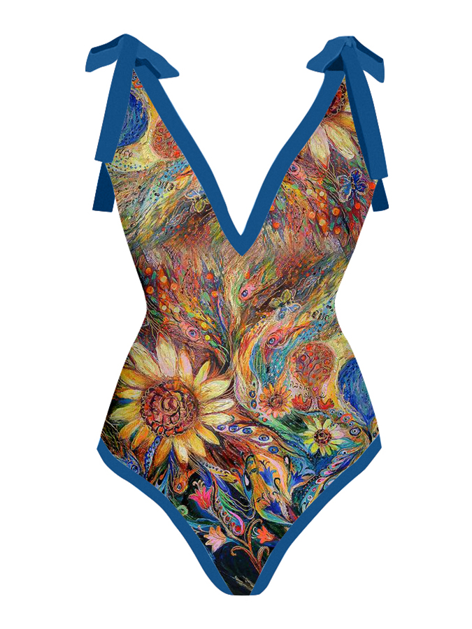 Vintage Abstract Print One Piece Swimsuit And Cover Up