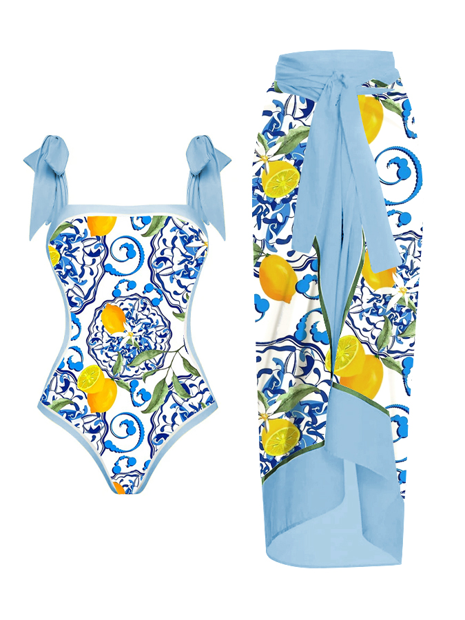 Lemon Fruit Mediterranean Print One Piece And Cover Up