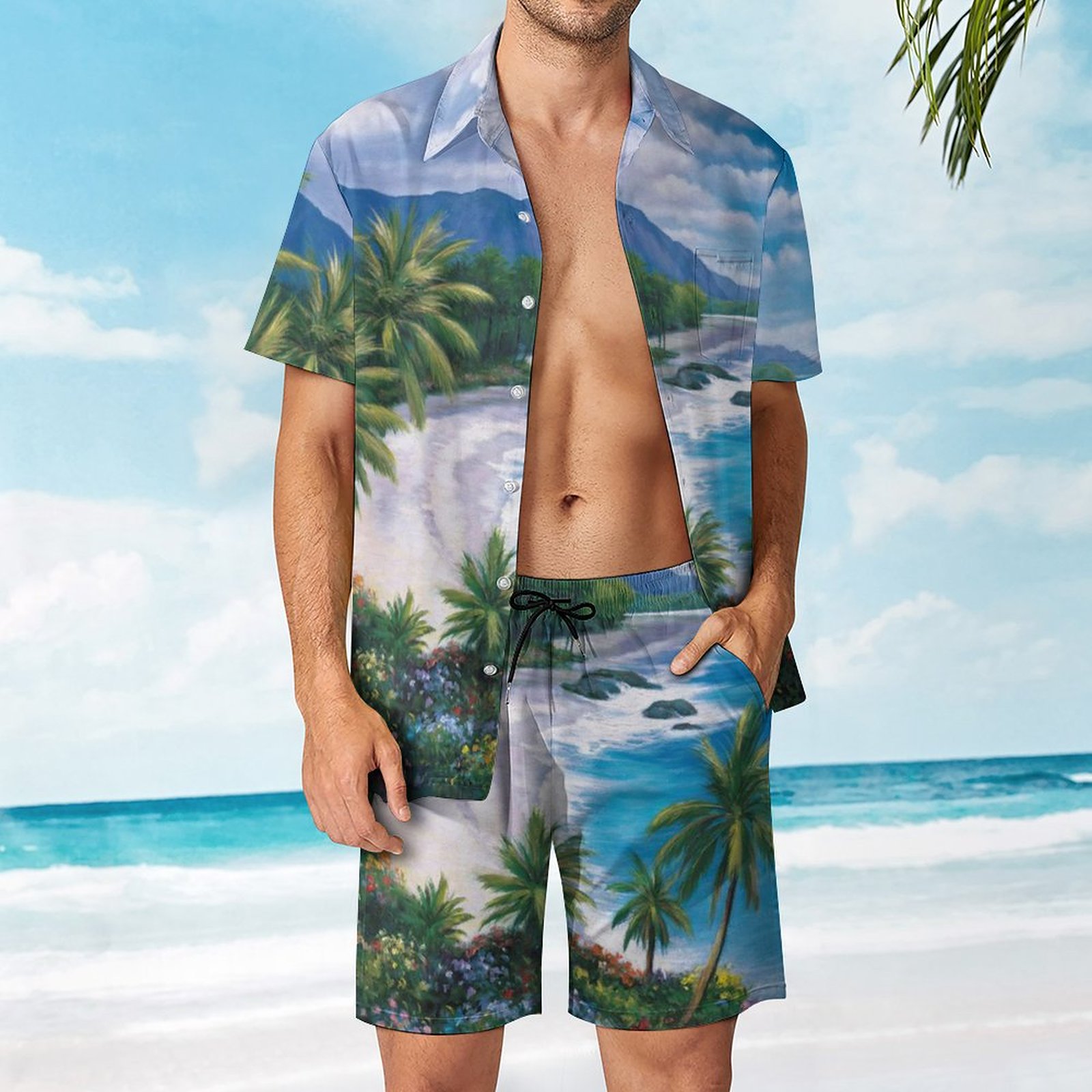 Men's Hawaiian Print Beach Two-Piece Suit 2304104053
