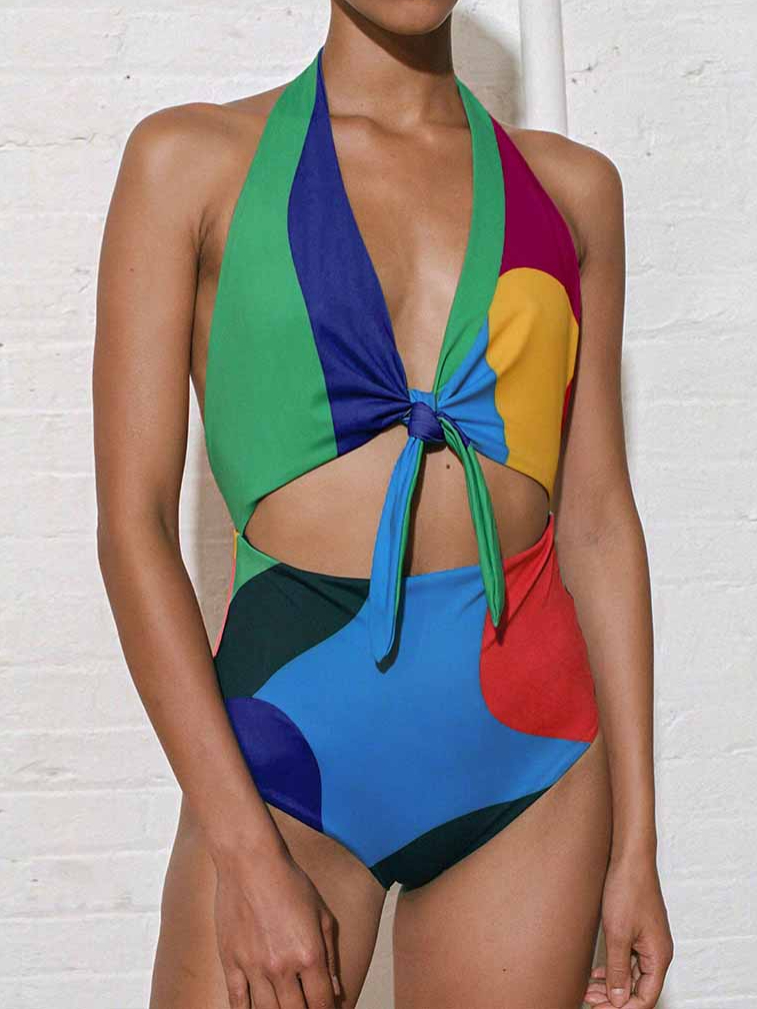 Fashion Colorblock Print Open Back One-Piece Swimsuit