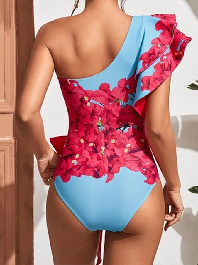 Fashion Colorblock Floral Print Ruffle Swimsuit