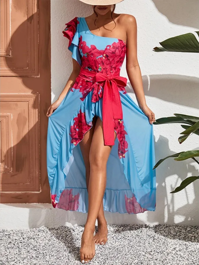 Fashion Colorblock Floral Print Ruffle Swimsuit