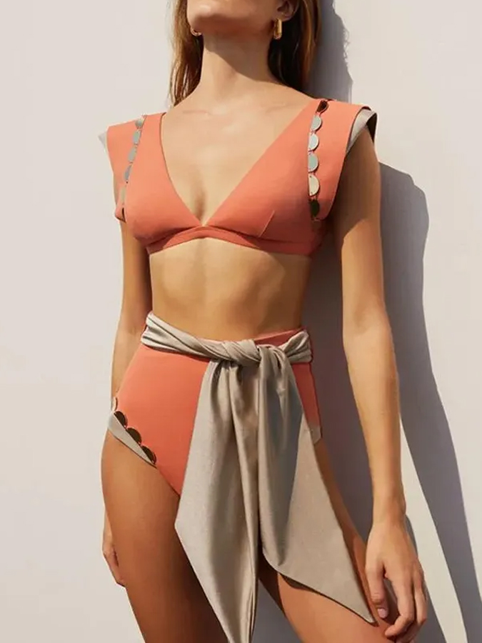 Fashion Short Sleeved V-Neck Split Swimsuit