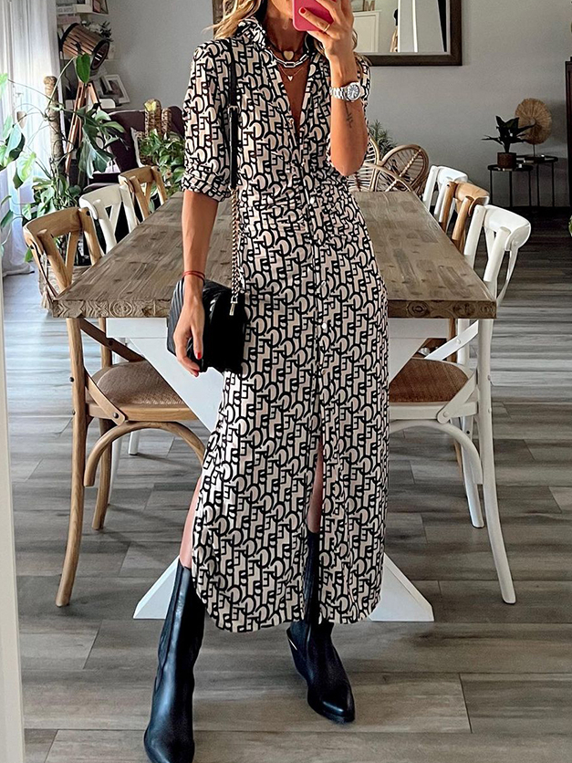 Geometric Printed Long Sleeves Buttoned Maxi Dress