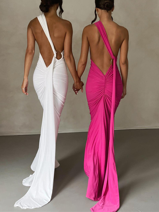 Halter Lace-up Backless Solid Maxi Dress