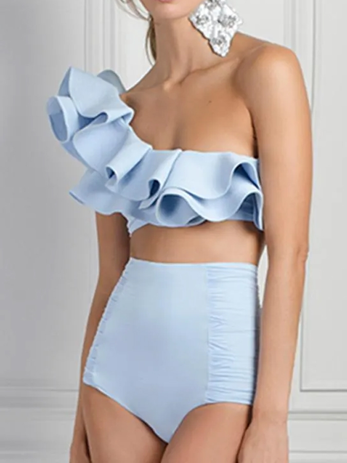 One-shoulder Ruffled Solid Bikini