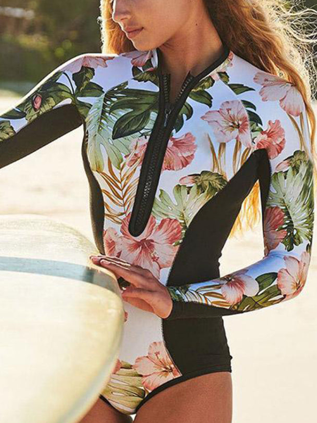 Printed Long Sleeve Zipper Wetsuit Swimsuit