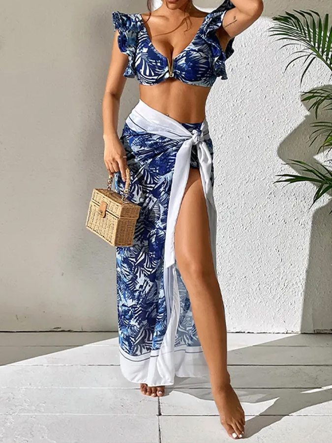 Ruffle Shoulder Jungle Printed Bikini Swimsuit and Cover-up