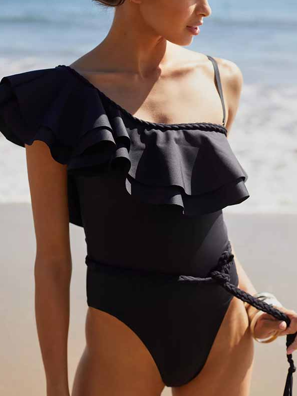Solid One-Shoulder Ruffle Panel One-Piece Swimsuit