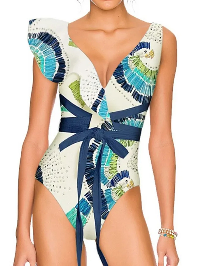 V-Neck Ruffled Vintage Embroidered Print Swimsuit