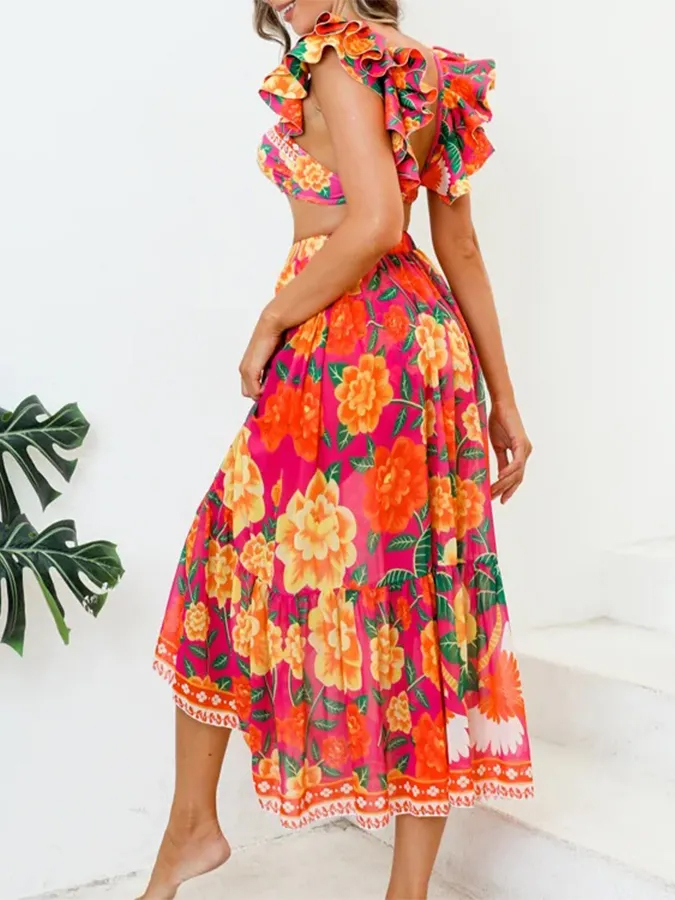 Vintage Ruffled Floral Print Swimsuit