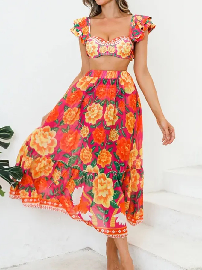 Vintage Ruffled Floral Print Swimsuit