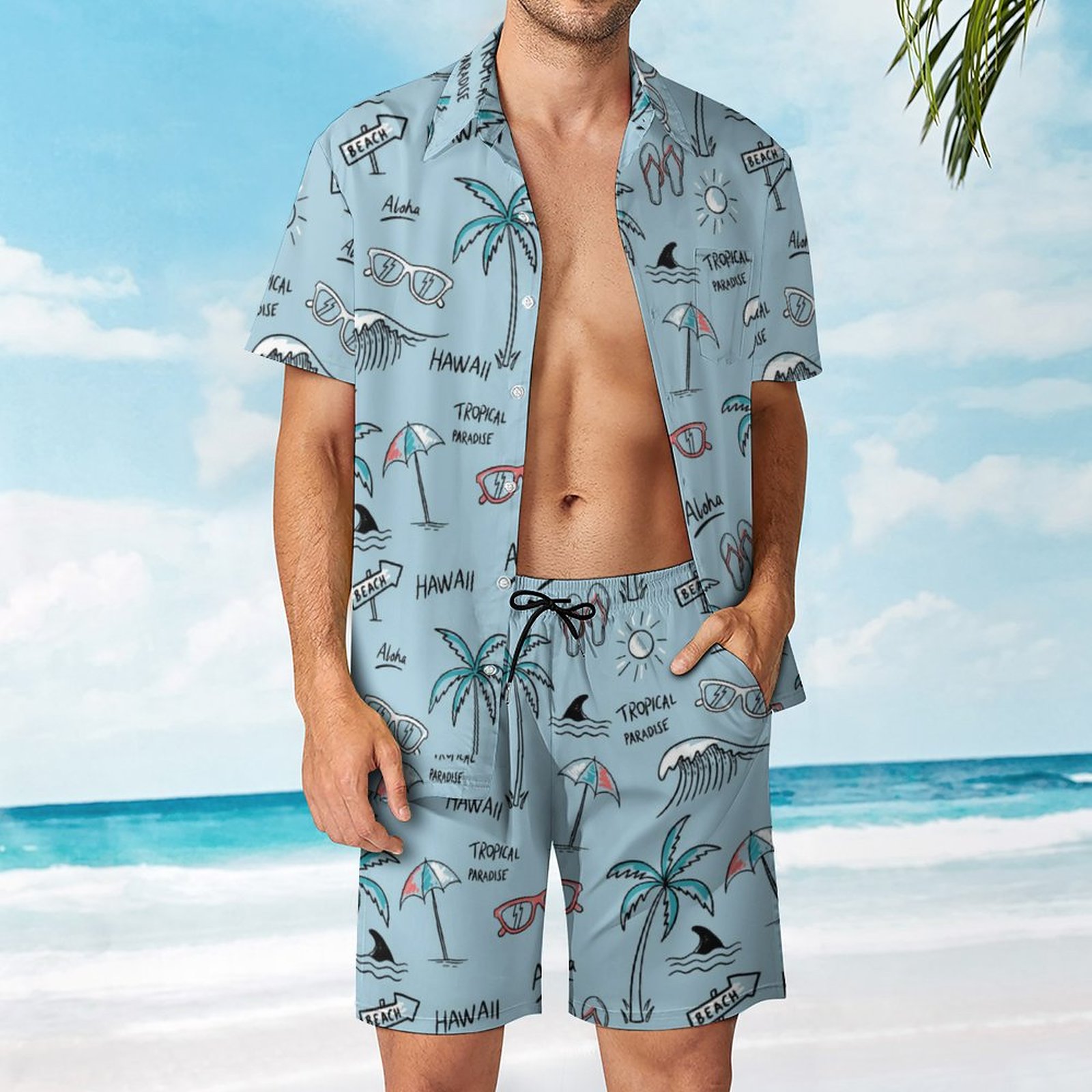 Men's Hawaiian Print Beach Two-Piece Suit 2304102658