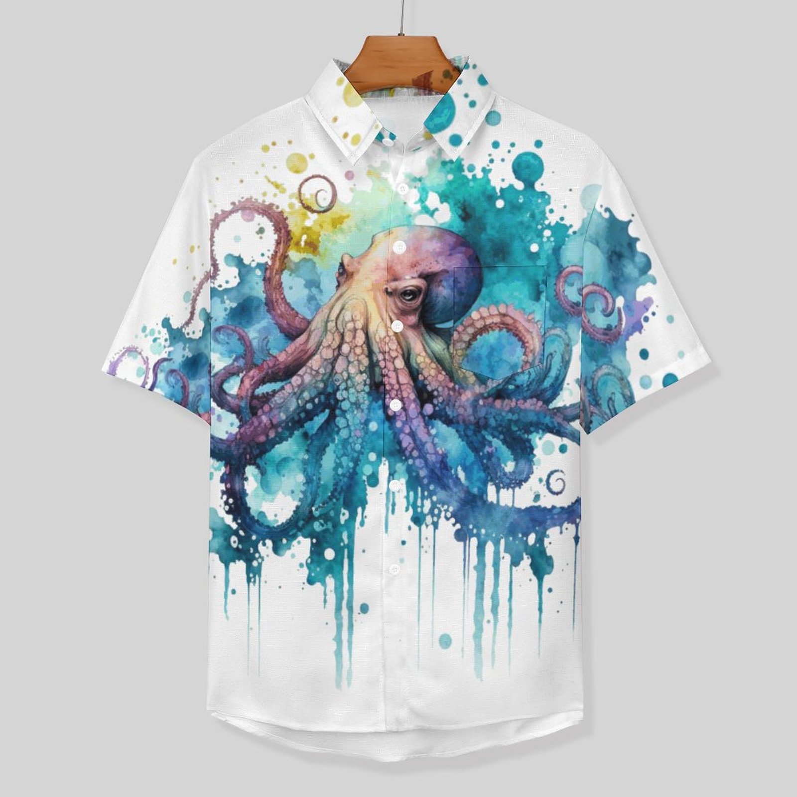 Men's Watercolor Octopus Art Print Vacation Hawaiian Shirt