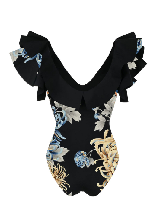Chrysanthemum Print Ruffle One Piece Swimsuit And Cover Up
