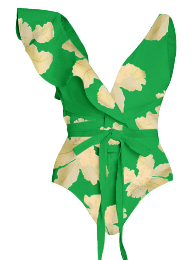 Deep V Ruffled Floral Print Swimsuit Set