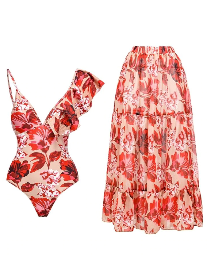 Fashion Print One-Shoulder Ruffle One-Piece Swimsuit